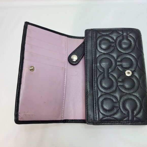 Coach Monogram Embossed Black Wallet Pink Interior Logo Tri Fold - Picture 3 of 5